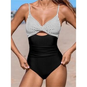 Cupshe Womens Black White Striped Twist Front Keyhole One Piece Swimsuit M NEW